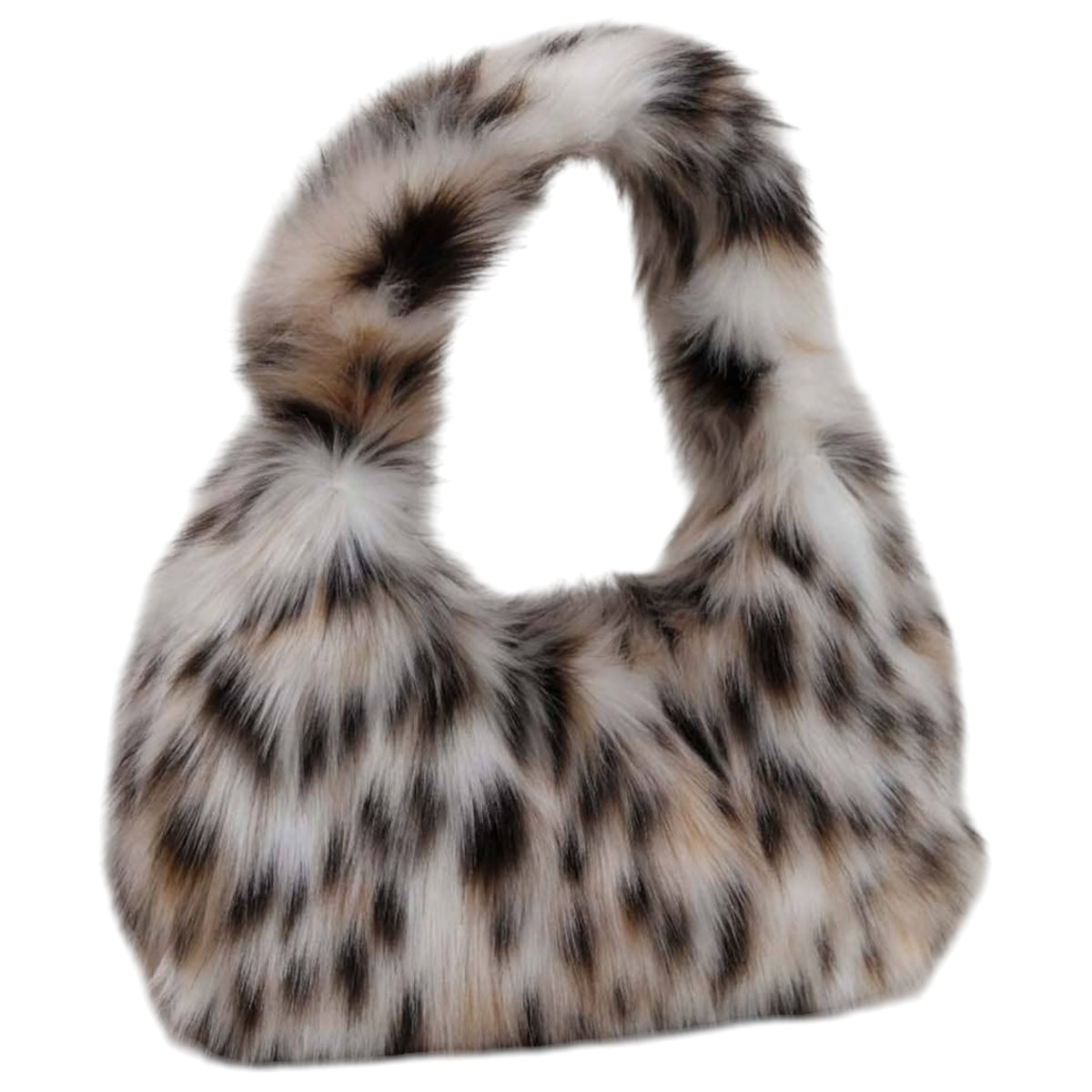 A plush faux-fur shoulder bag with a leopard print pattern in white, beige, and black, isolated on a white background.