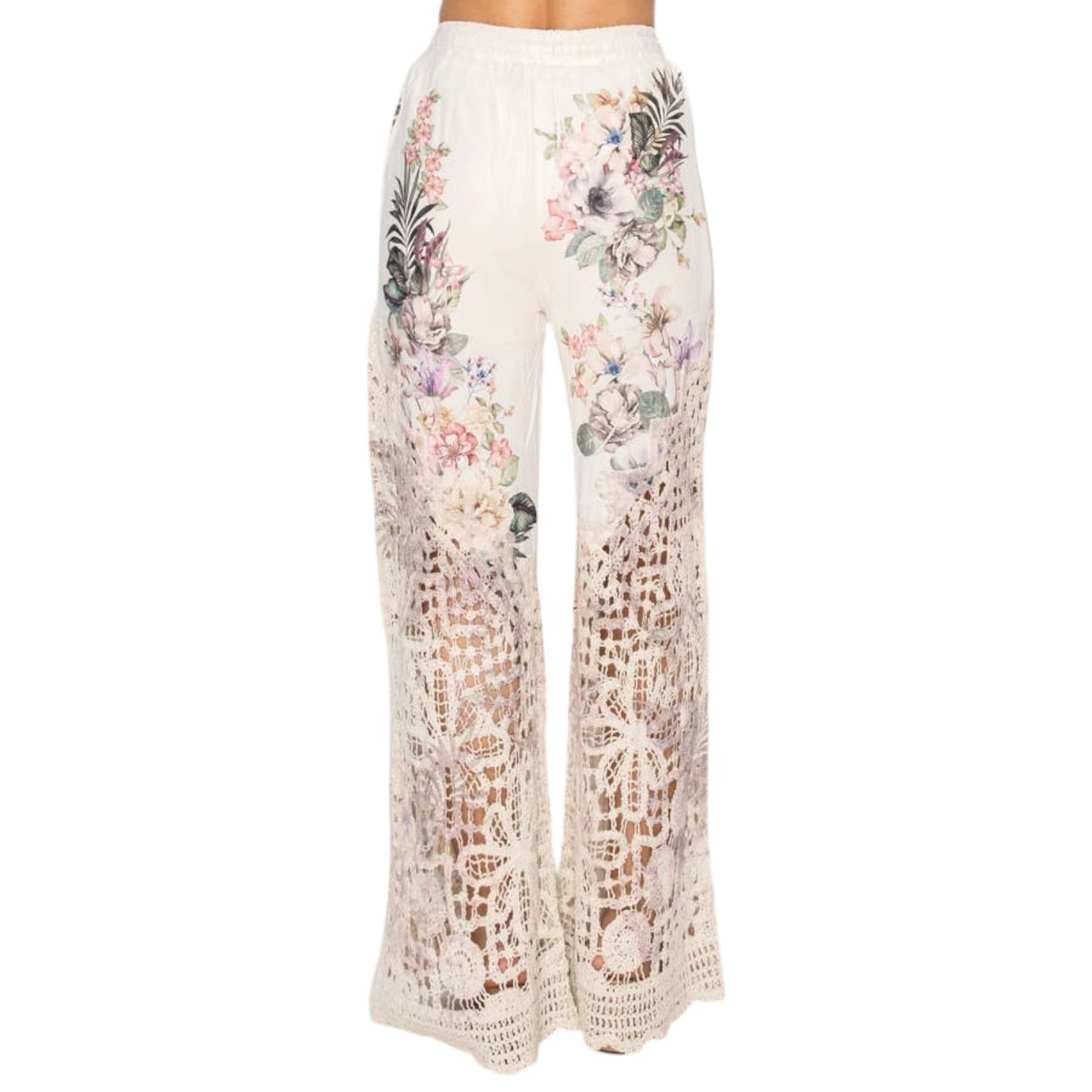 Floral embroidered pants on a white background