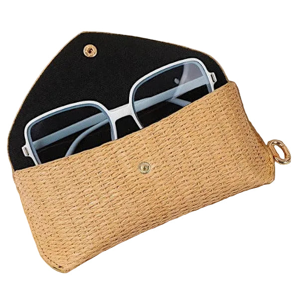 Sunglasses in a woven beige case on a white background