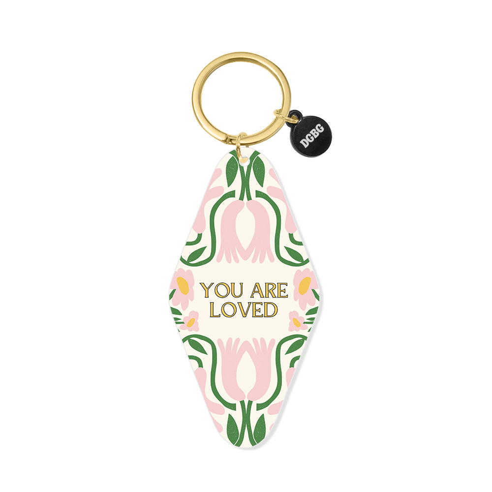 Keychain with floral design and 'You Are Loved' text on a white background