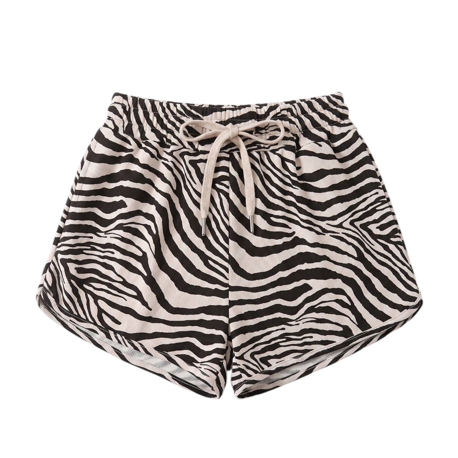 Zebra print shorts with a beige drawstring waist, displayed flat against a solid white background.