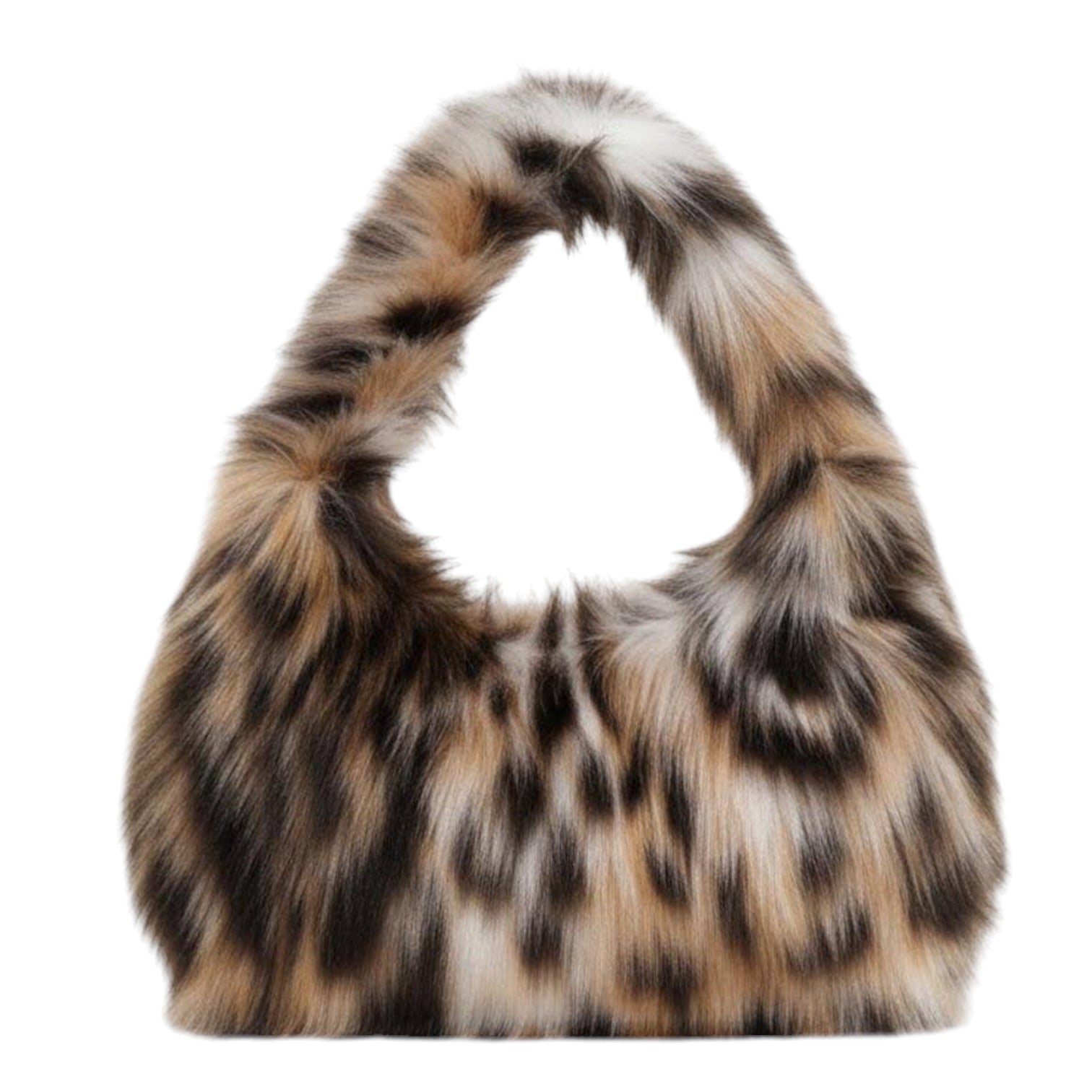 A fuzzy faux-fur shoulder bag with a leopard print pattern in brown, black, beige, and white, shown against a plain white background.