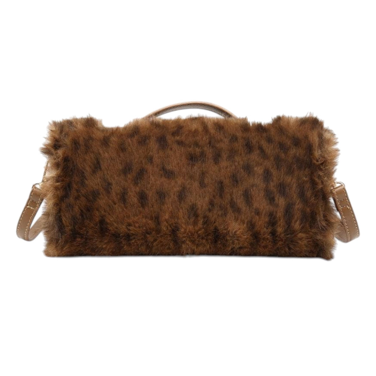 A brown faux fur clutch bag with a leopard print pattern, featuring a top handle and a matching shoulder strap, shown against a plain white background.