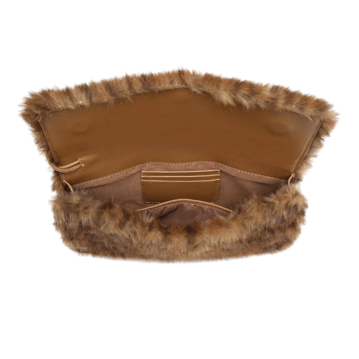 A brown faux fur clutch bag with a smooth tan leather interior, shown open against a plain white background.