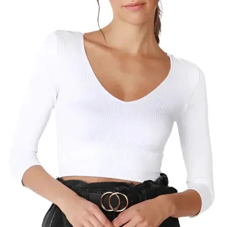 Ribbed 3/4 Sleeve V Neck Crop Top - White – Alicia DiMichele Boutique