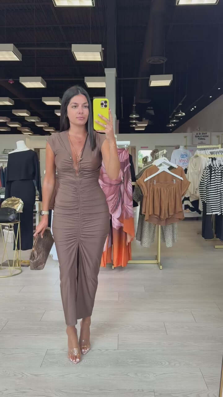 Chocolate Ruched Midi Dress – Alicia DiMichele Boutique