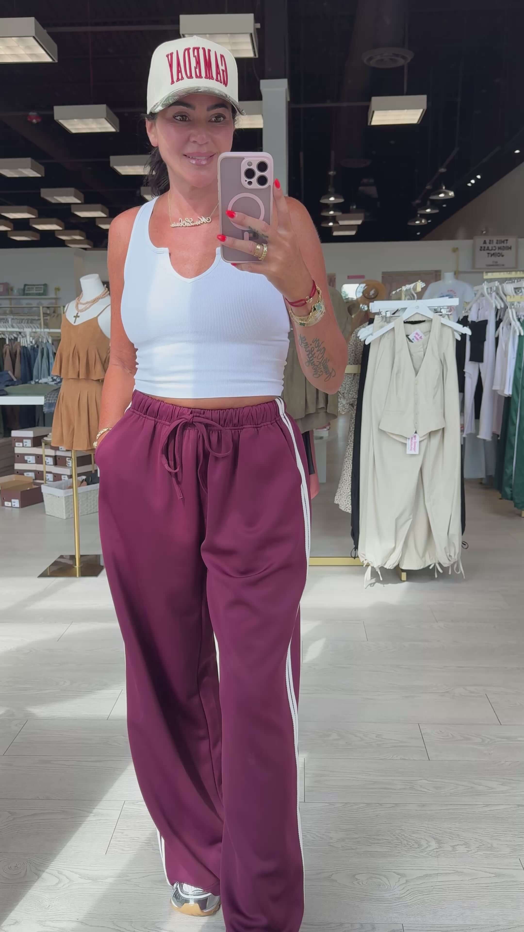 Side Stripe Wide-Leg Track Pants – Maroon – Alicia DiMichele Boutique