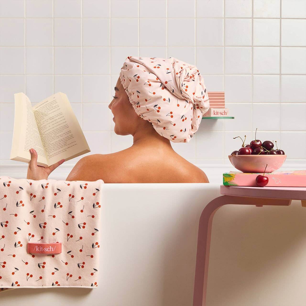 Kitsch Satin-Lined Flexi Shower Cap - Cherry Print – Alicia DiMichele Boutique
