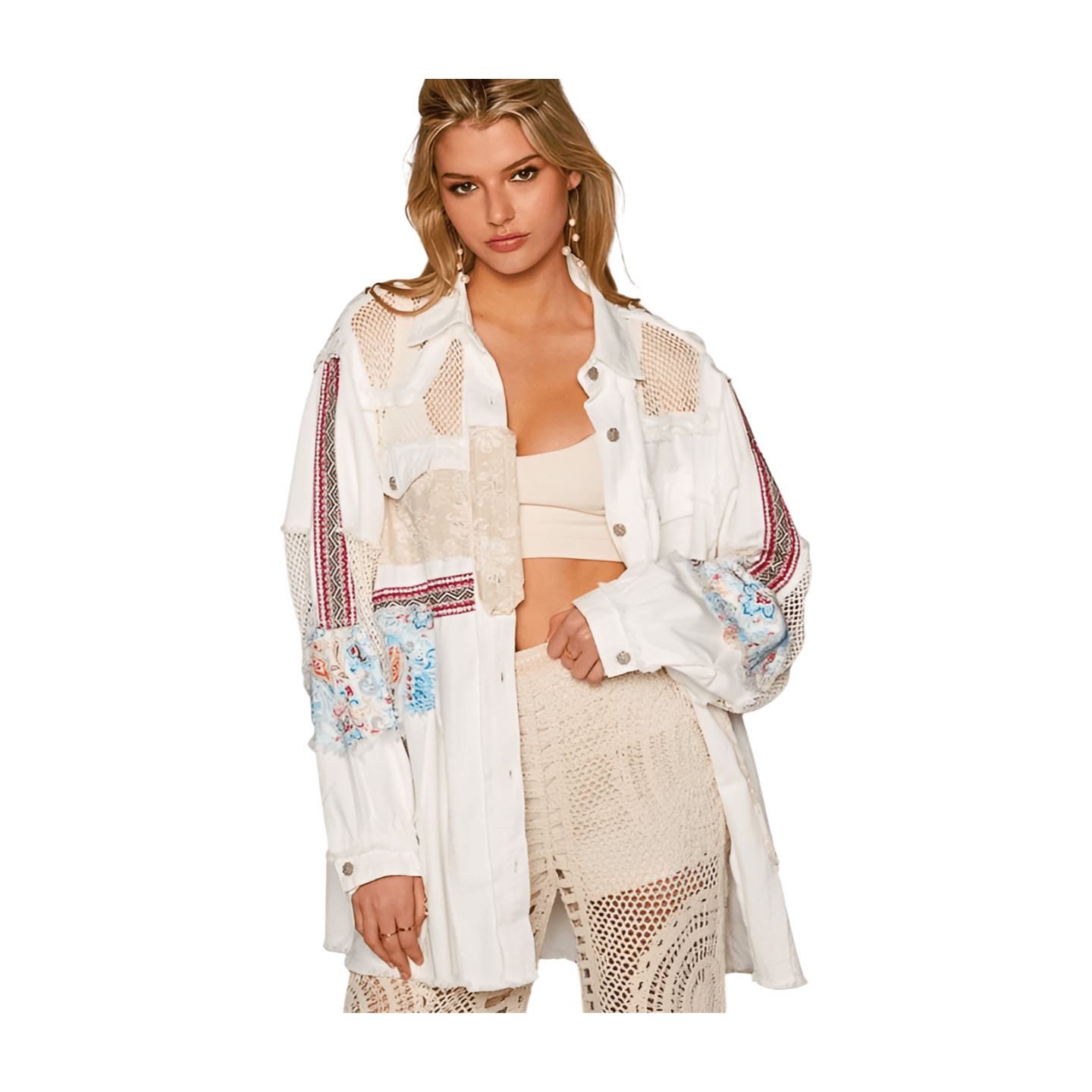 Oversized Crochet Patch Shacket Ivory Alicia DiMichele Boutique - Main Image