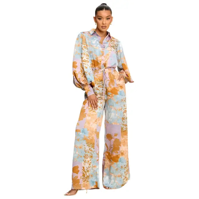 Patchwork Floral Satin Pant Set