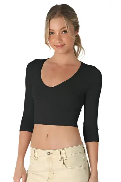 Ribbed 3/4 Sleeve V Neck Crop Top - Black – Alicia DiMichele Boutique