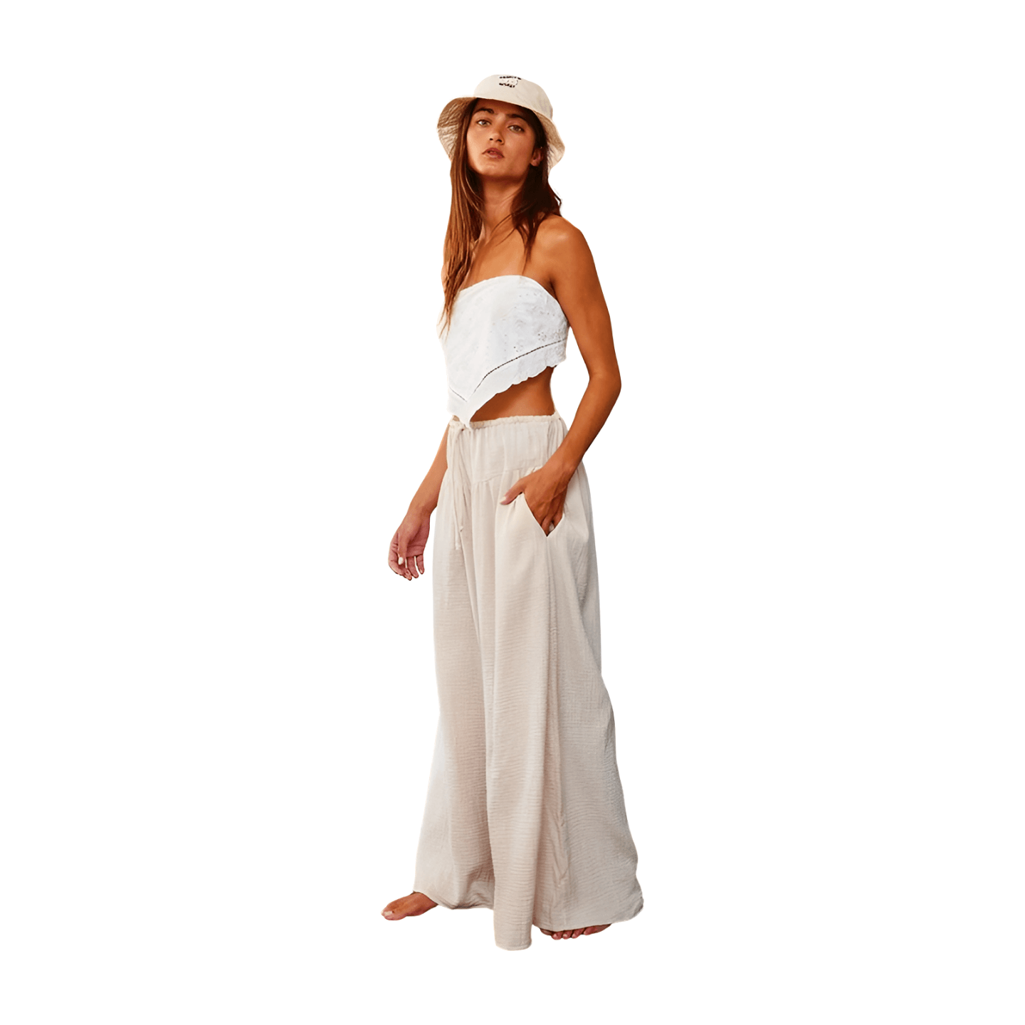 Cotton Gauze Wide Leg Pants - Natural