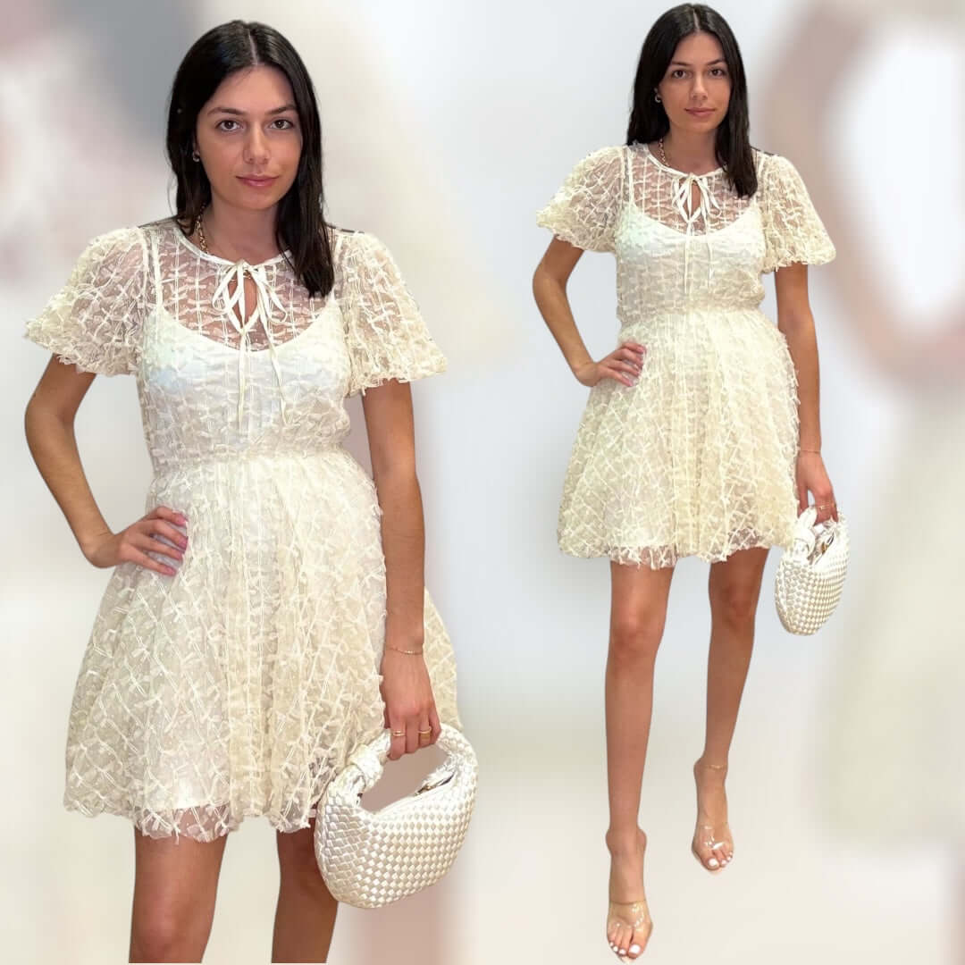 Bow Mesh Puff Sleeve Mini Dress