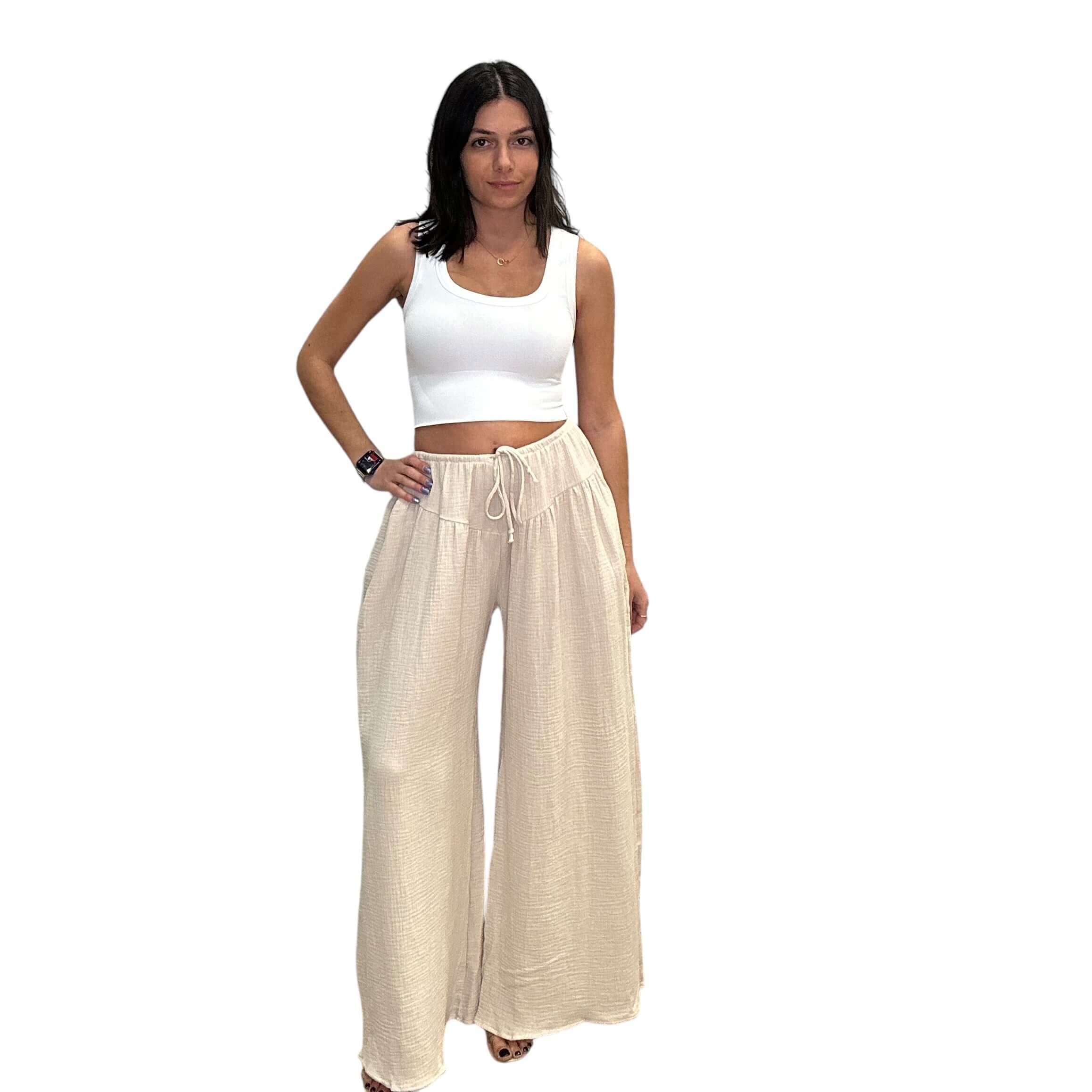 Cotton Gauze Wide Leg Pants - Natural