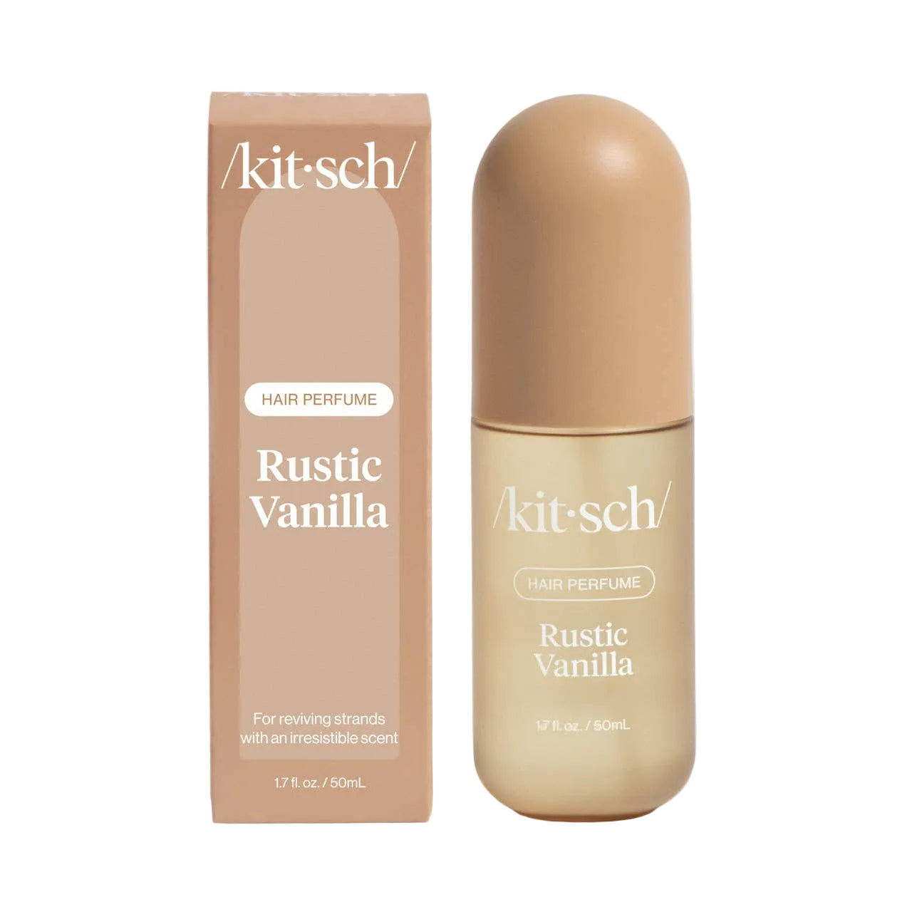 Kit-sch Rustic Vanilla hair perfume bottle and packaging on a white background