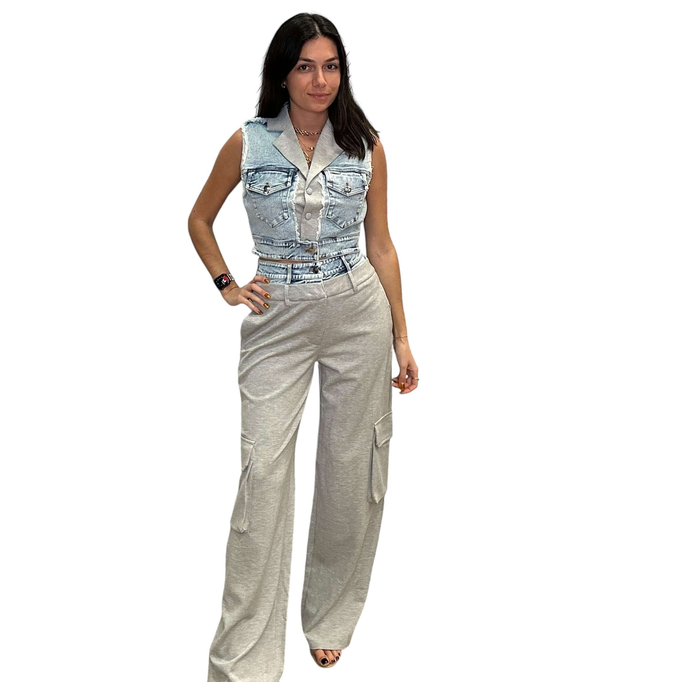 Mixed Fabric Denim Vest & Cargo Pants Set - Grey – Alicia Mixed Fabric Denim Vest & Cargo Pants Set - Grey – Alicia