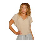 Ribbed V Neck Solid Basic Top - Latte