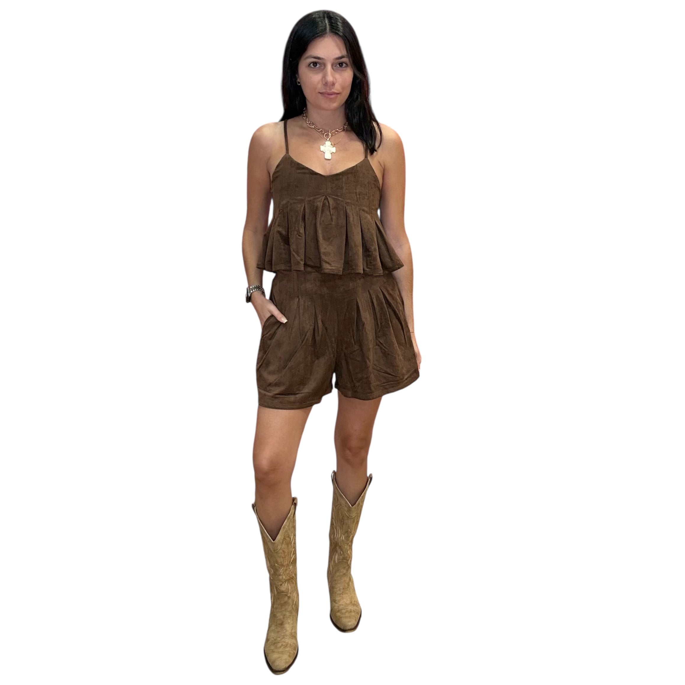 Suede Pleated Shorts Set – Brown