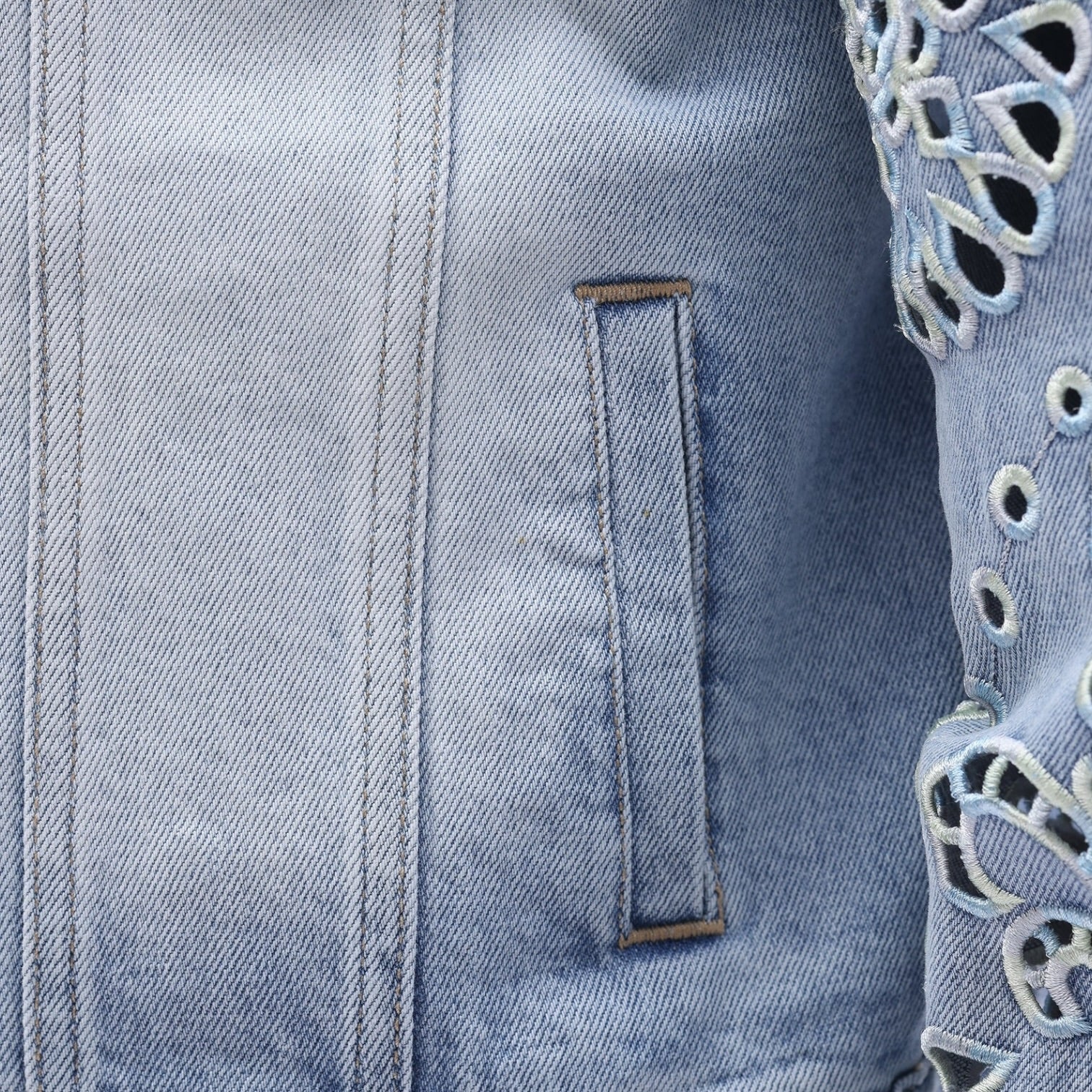 Close-up of a denim fabric with embroidered details