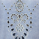 Close-up of intricate lace pattern on a light blue fabric background