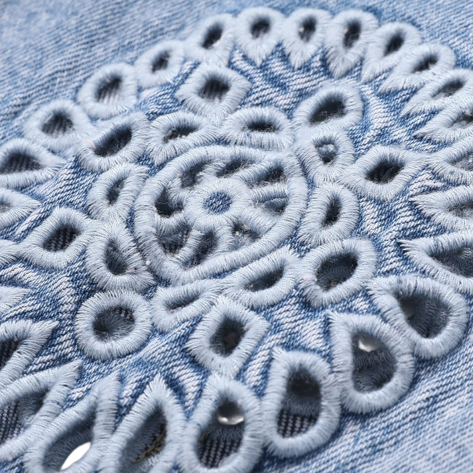 Close-up of intricate embroidery on denim fabric