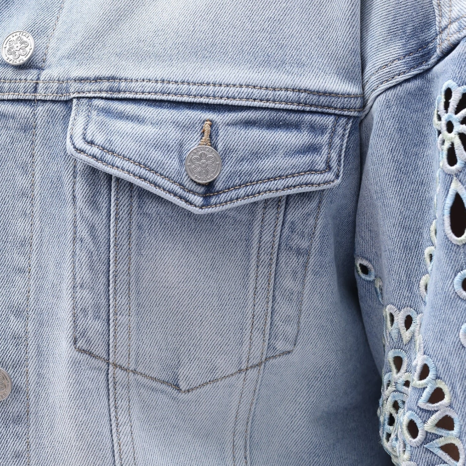 Close-up of a light blue denim jacket with decorative lace trim on the sleeve.