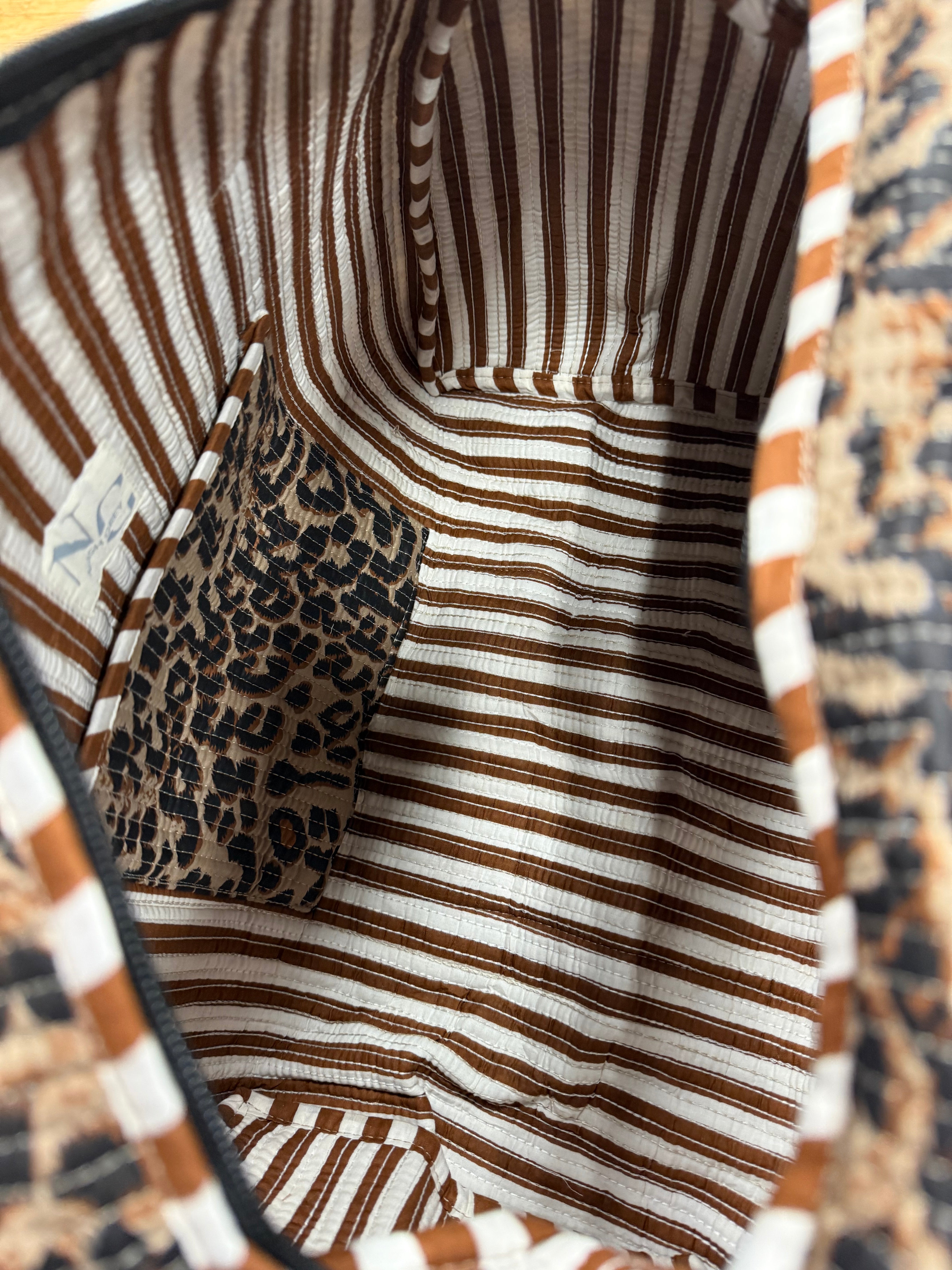 Close-up of a patterned fabric with leopard print and striped design.
