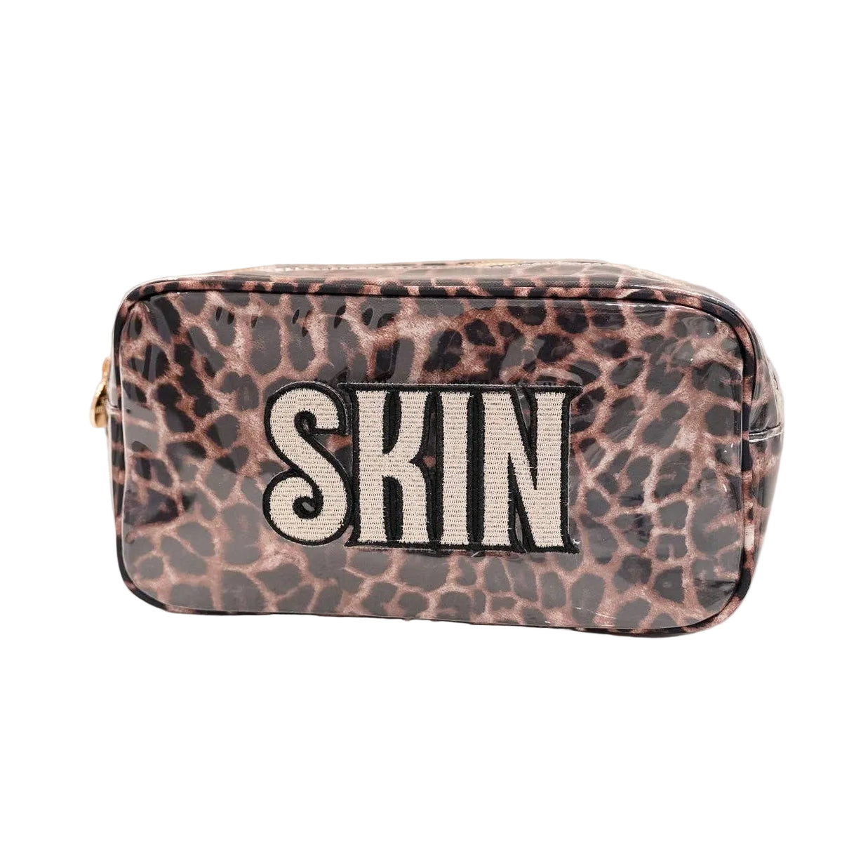 Leopard print pouch with 'SKIN' text on a light background