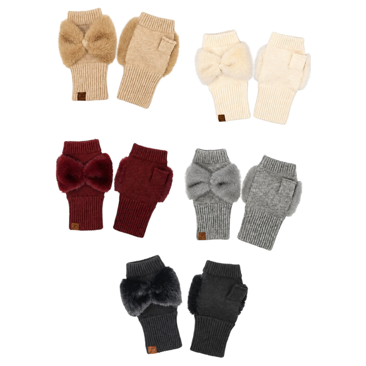 Six pairs of fingerless knit gloves with large faux-fur bow details on the back of the hands, shown in beige, cream, burgundy, light gray, medium gray, and black. Each pair has a small brown leather brand tab.