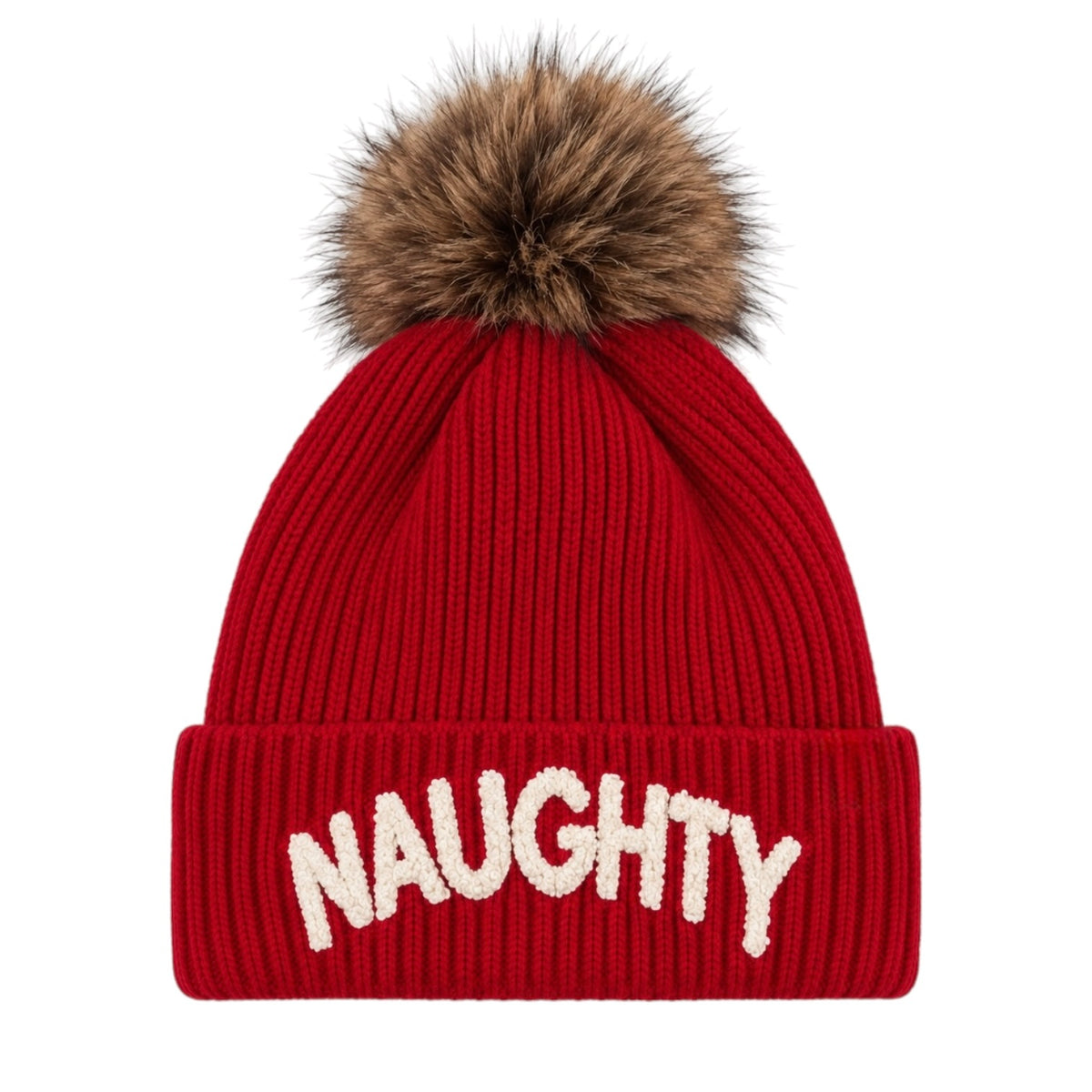 A red ribbed knit beanie hat with a brown faux fur pom-pom on top and the word 'NAUGHTY' embroidered in white on the front cuff, shown against a plain white background.