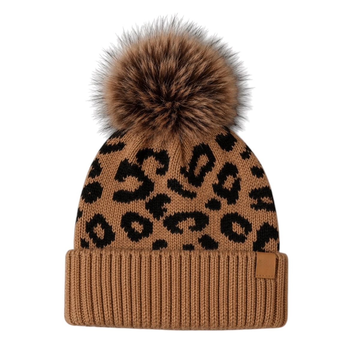 A brown knit beanie with a black leopard print pattern and a large brown faux fur pom-pom on top, shown against a plain white background.