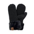 A pair of black knit winter mittens with a dark gray faux fur cuff and a small brown leather patch featuring the initials 'CC'.