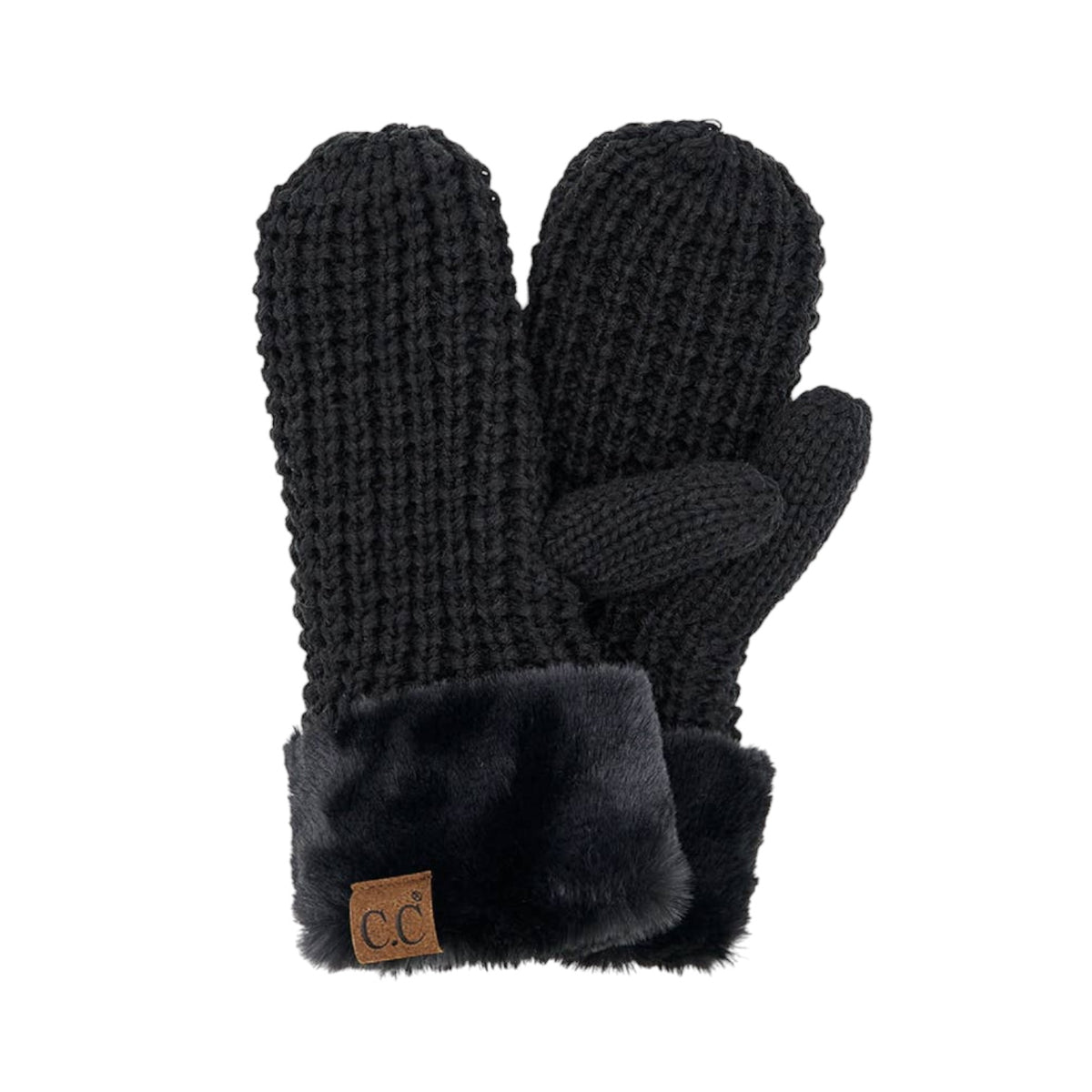 A pair of black knit winter mittens with a dark gray faux fur cuff and a small brown leather patch featuring the initials 'CC'.