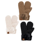 Three pairs of knit winter mittens with faux fur cuffs, shown on a plain white background: one cream, one tan, and one black. Each mitten pair has a small brown leather patch near the cuff.