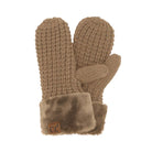 A pair of brown knit winter mittens with a soft faux fur cuff and a small brown leather logo patch on the cuff, shown against a plain white background.