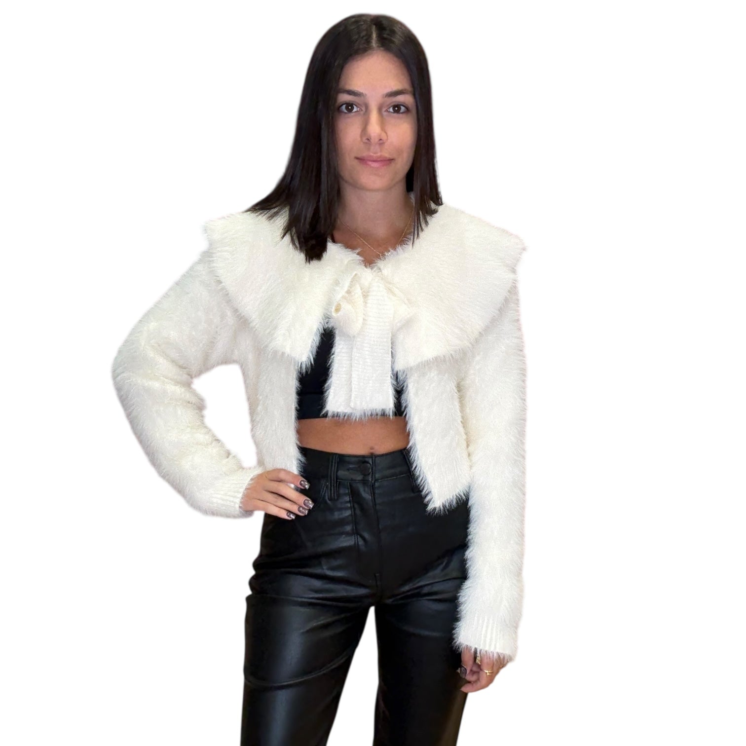 Cream Fuzzy Knit Cape Cardigan – Oversized Bow Tie Sweater