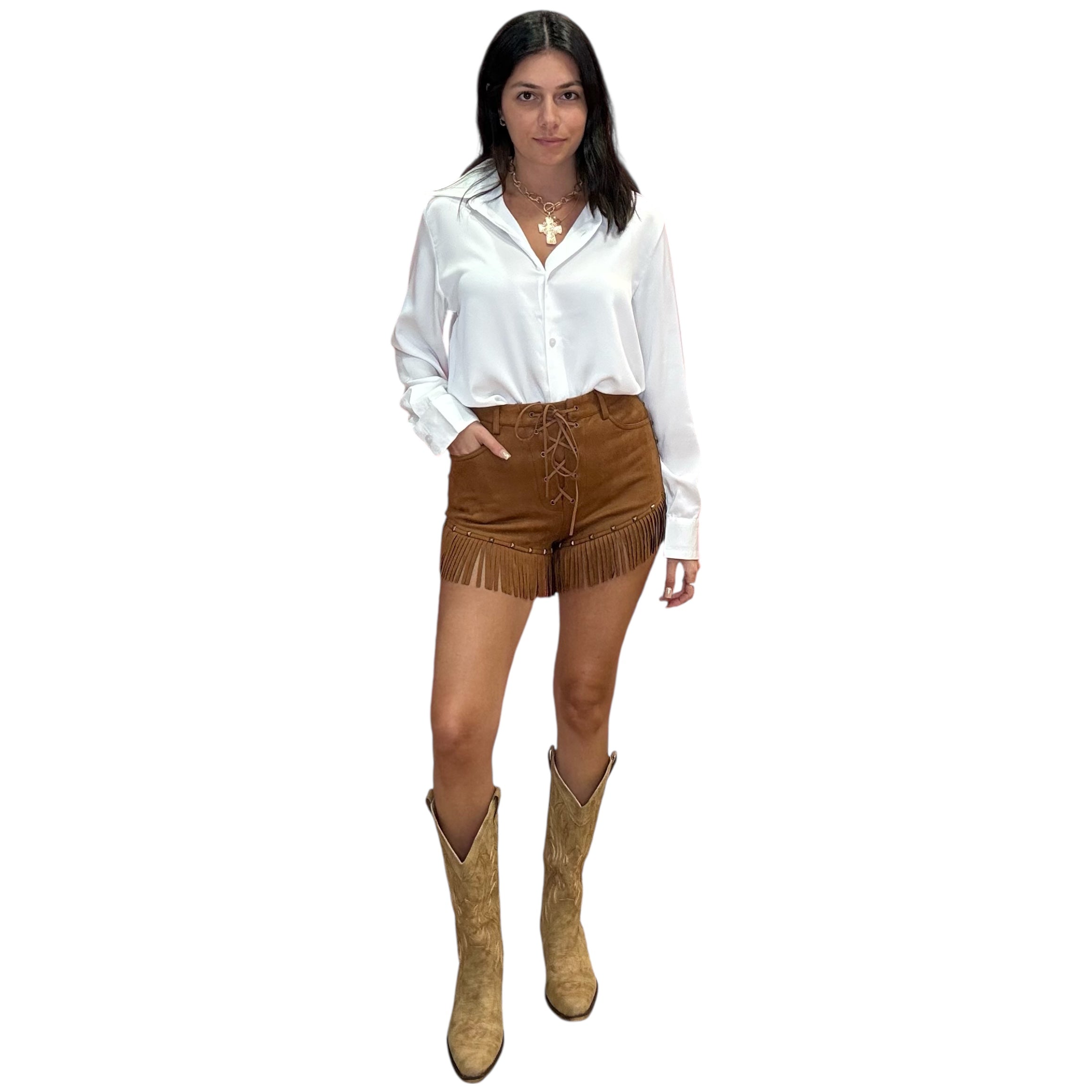 Wild West Suede Lace-Up Shorts – Black Fringe & Stud Detail