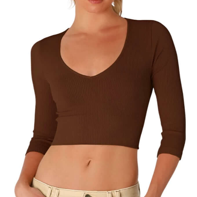 Ribbed 3/4 Sleeve V Neck Crop Top - Brown – Alicia DiMichele Boutique