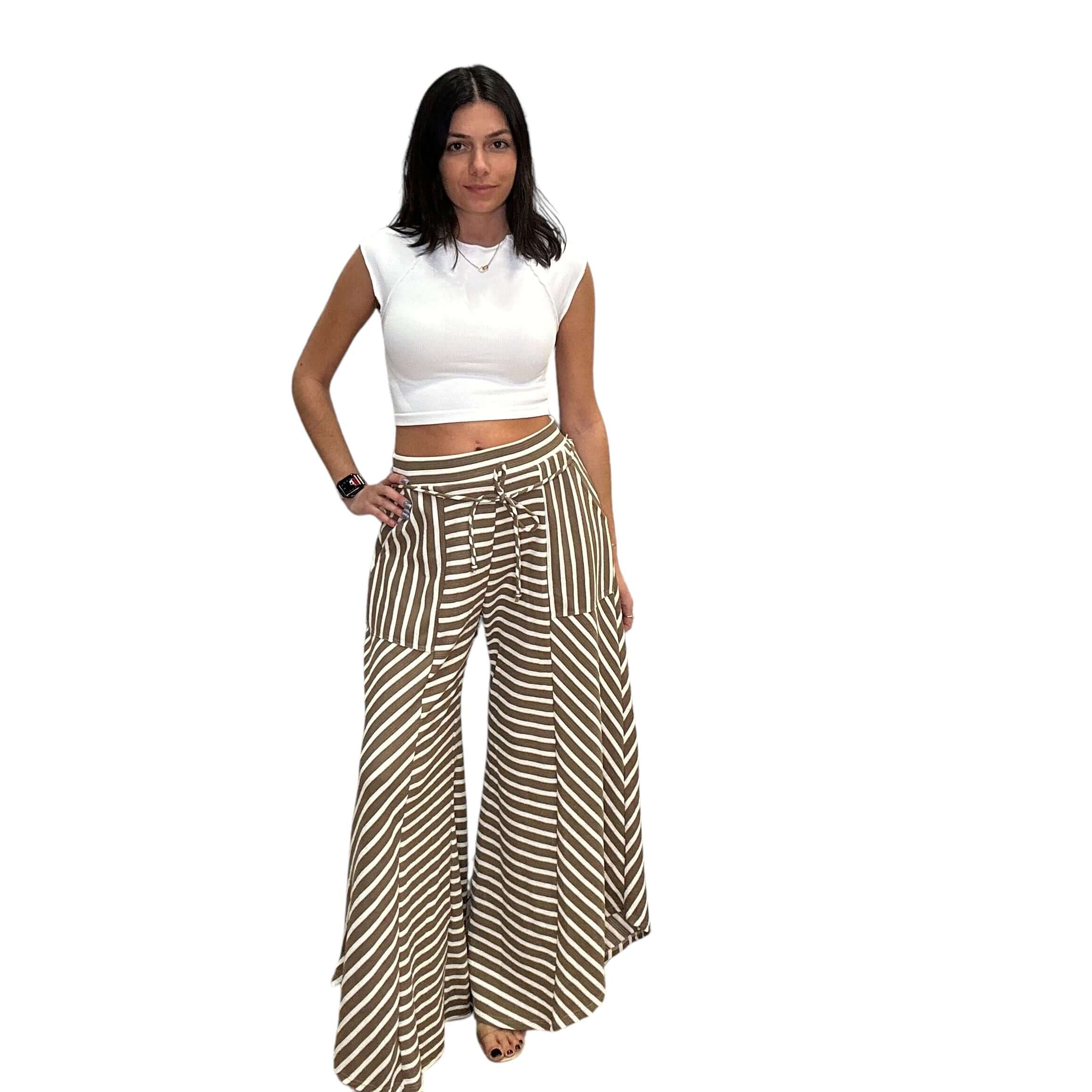 Stripe Print Wide Leg Pants