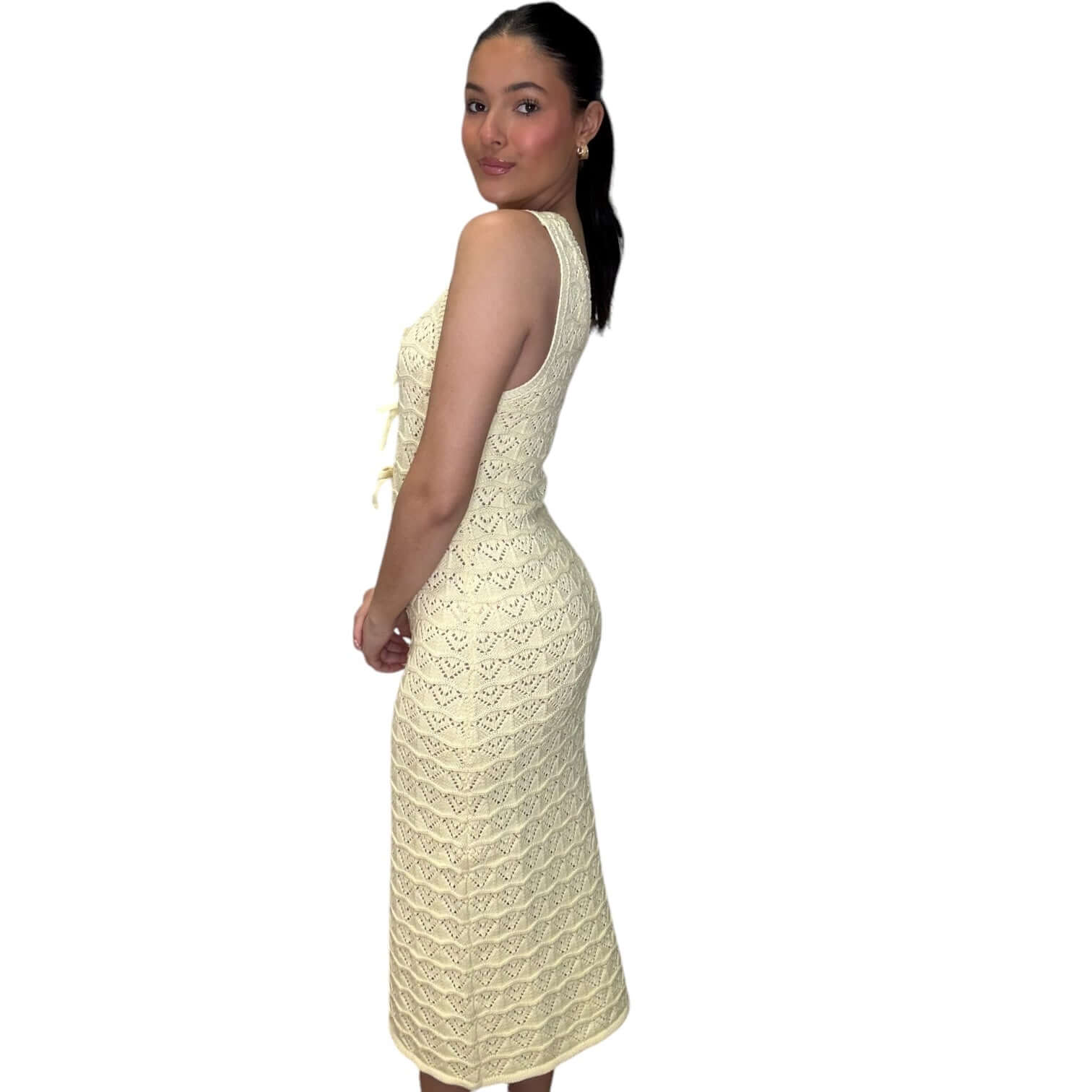 Bow Detail Crochet Midi Dress - Soft Yellow | Alicia