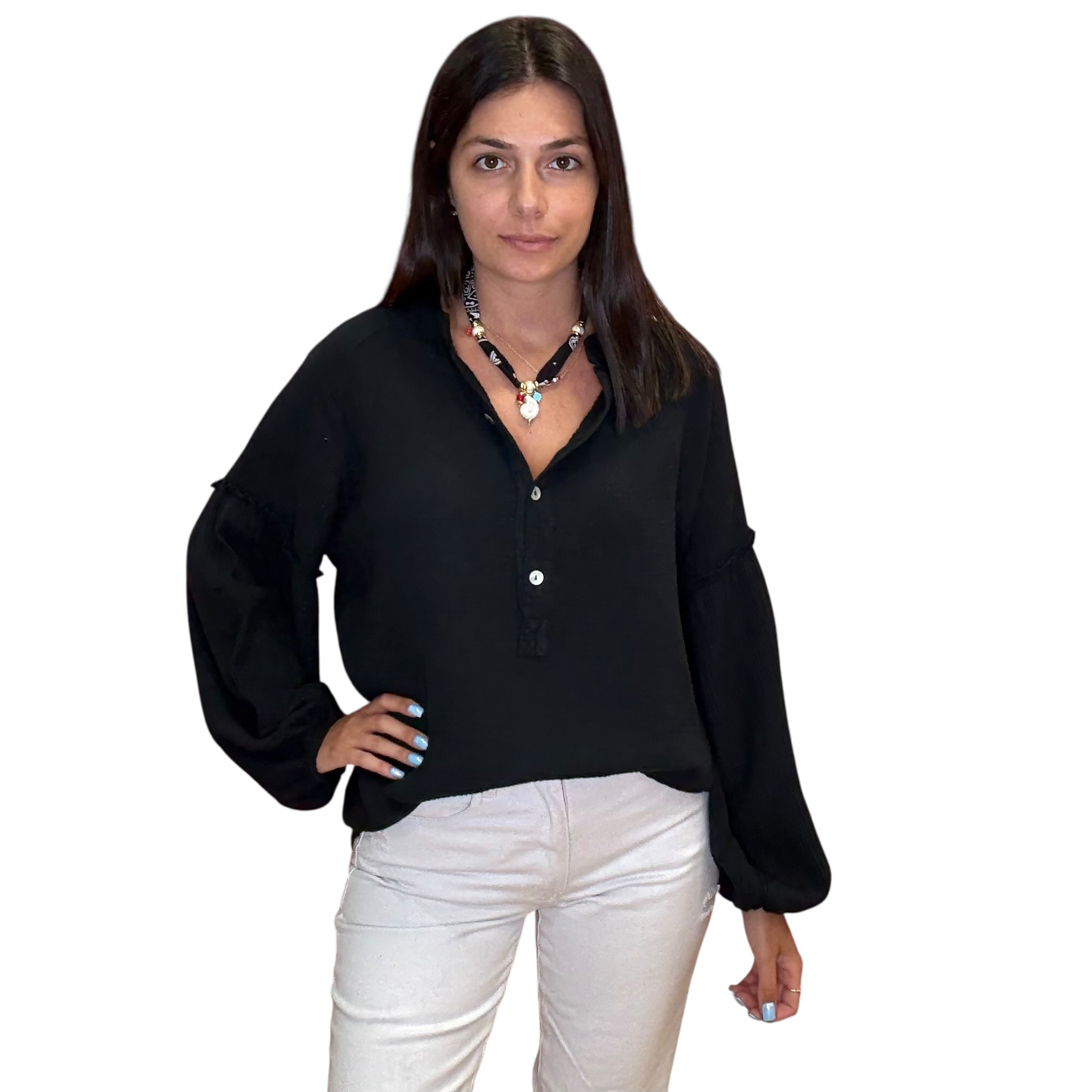 Gauze Long Sleeve Shirt – Black available at Alicia DiMichele Boutique – stylish women’s fashion and accessories.