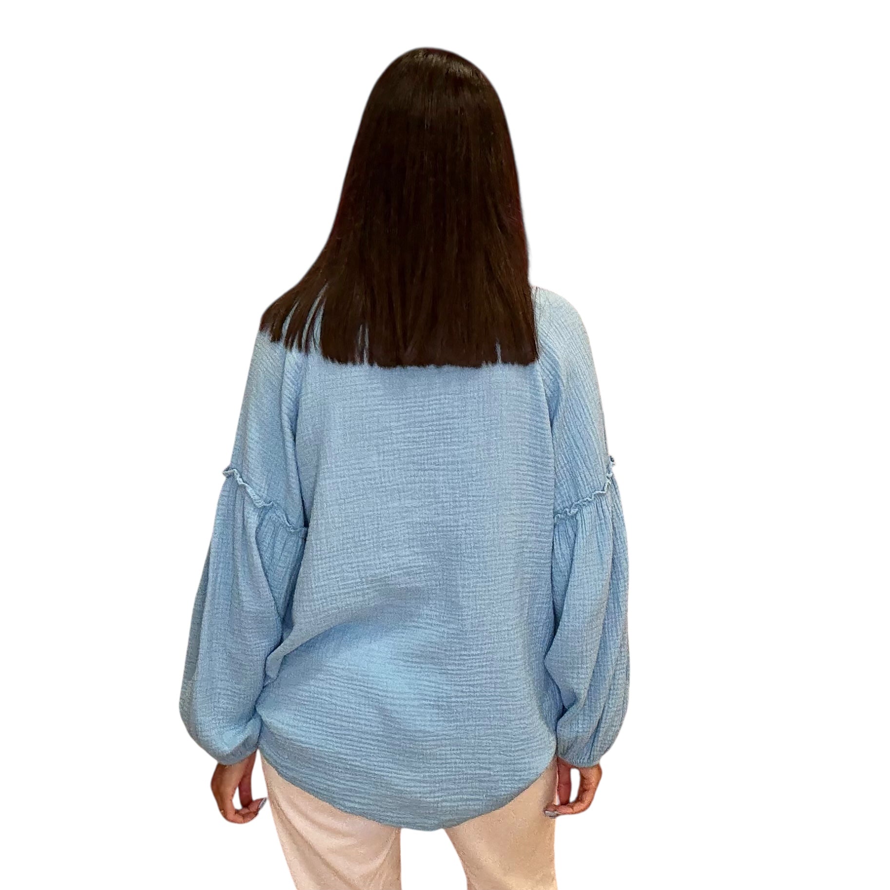 Gauze Long Sleeve Shirt – Blue available at Alicia DiMichele Boutique – stylish women’s fashion and accessories.