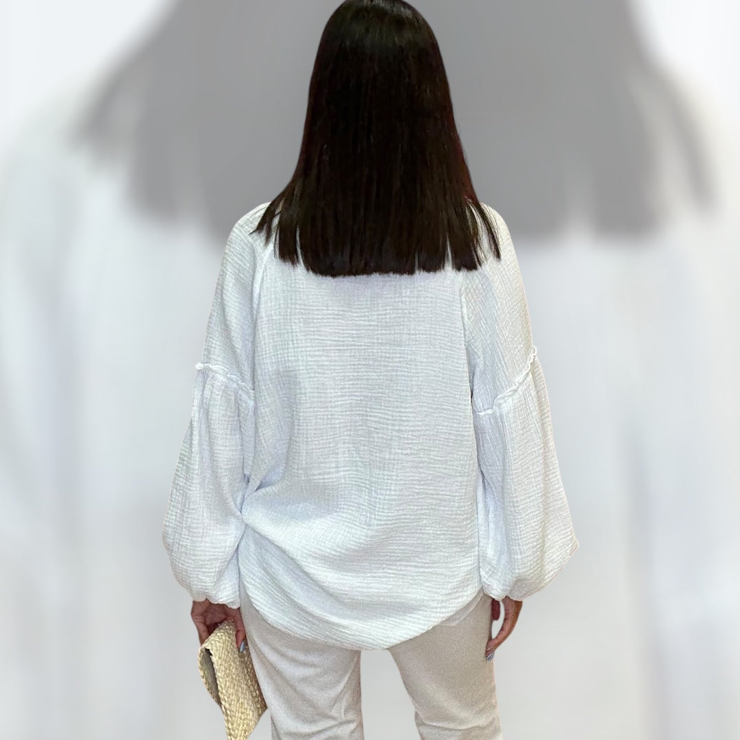 Gauze Long Sleeve Shirt – White available at Alicia DiMichele Boutique – stylish women’s fashion and accessories.