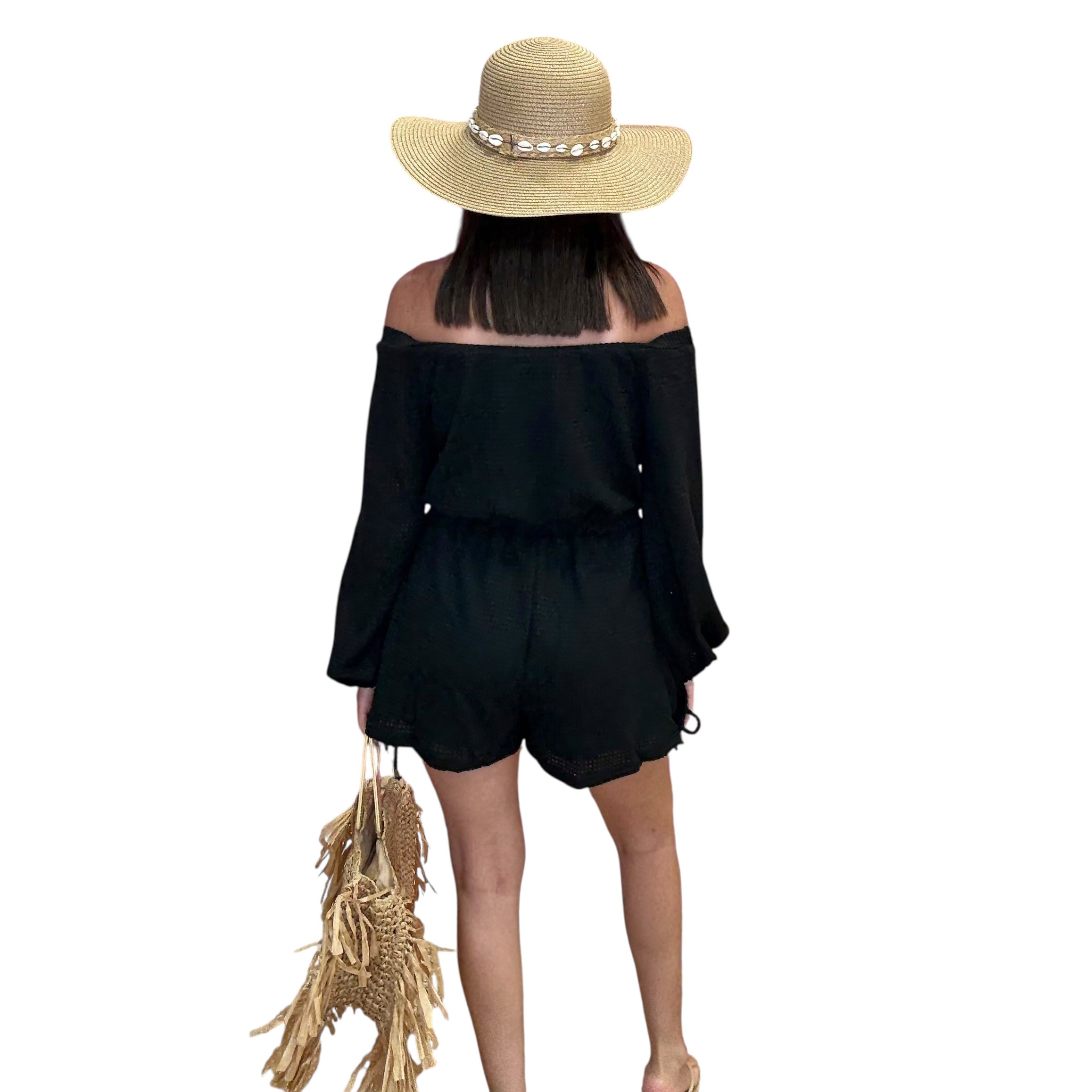Off-Shoulder Waffle Knit Romper – Black available at Alicia DiMichele Boutique – stylish women’s fashion and accessories.