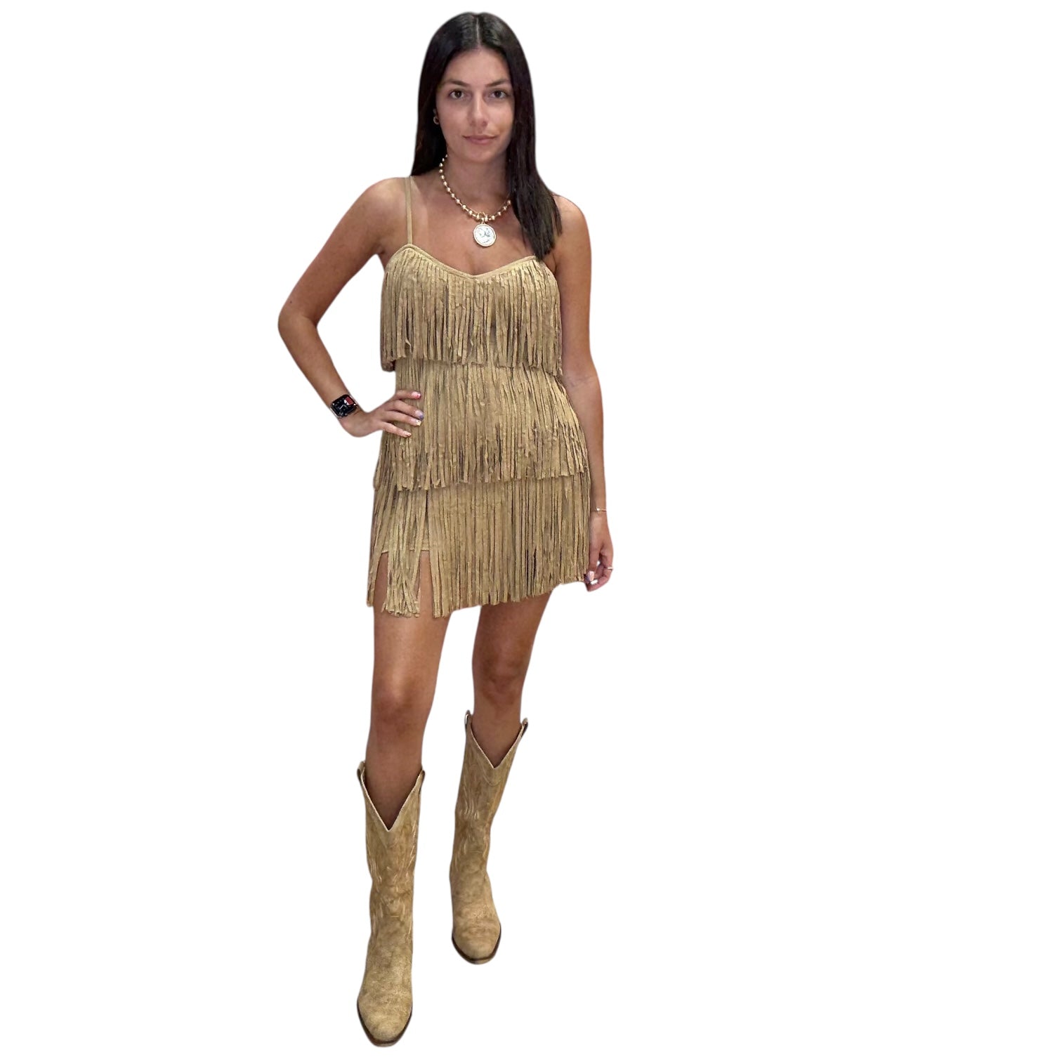 Sundance Fringe Suede Mini Dress – Beige Sleeveless Tiered Style