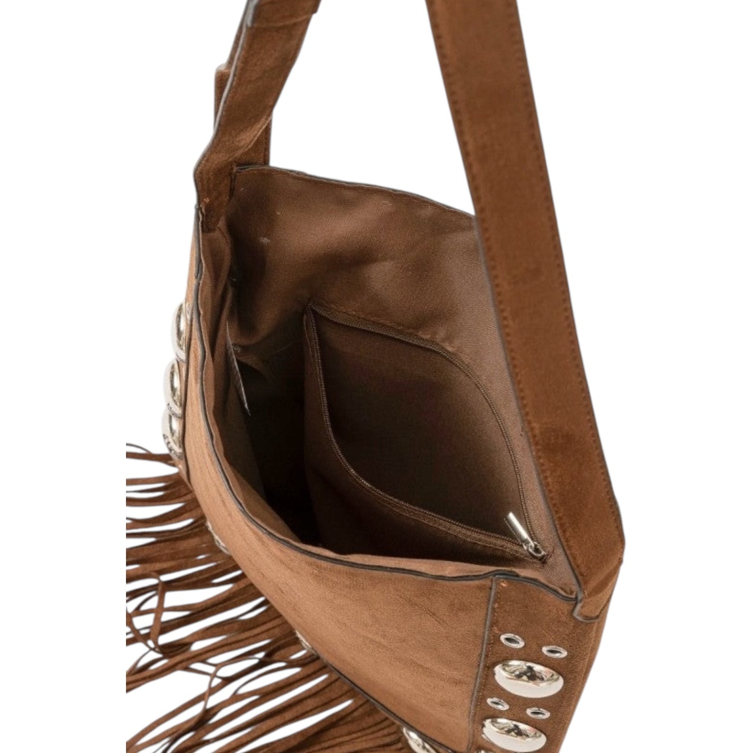 Positano Fringe Tote Bag – Suede Brown Grommet Accent – Alicia