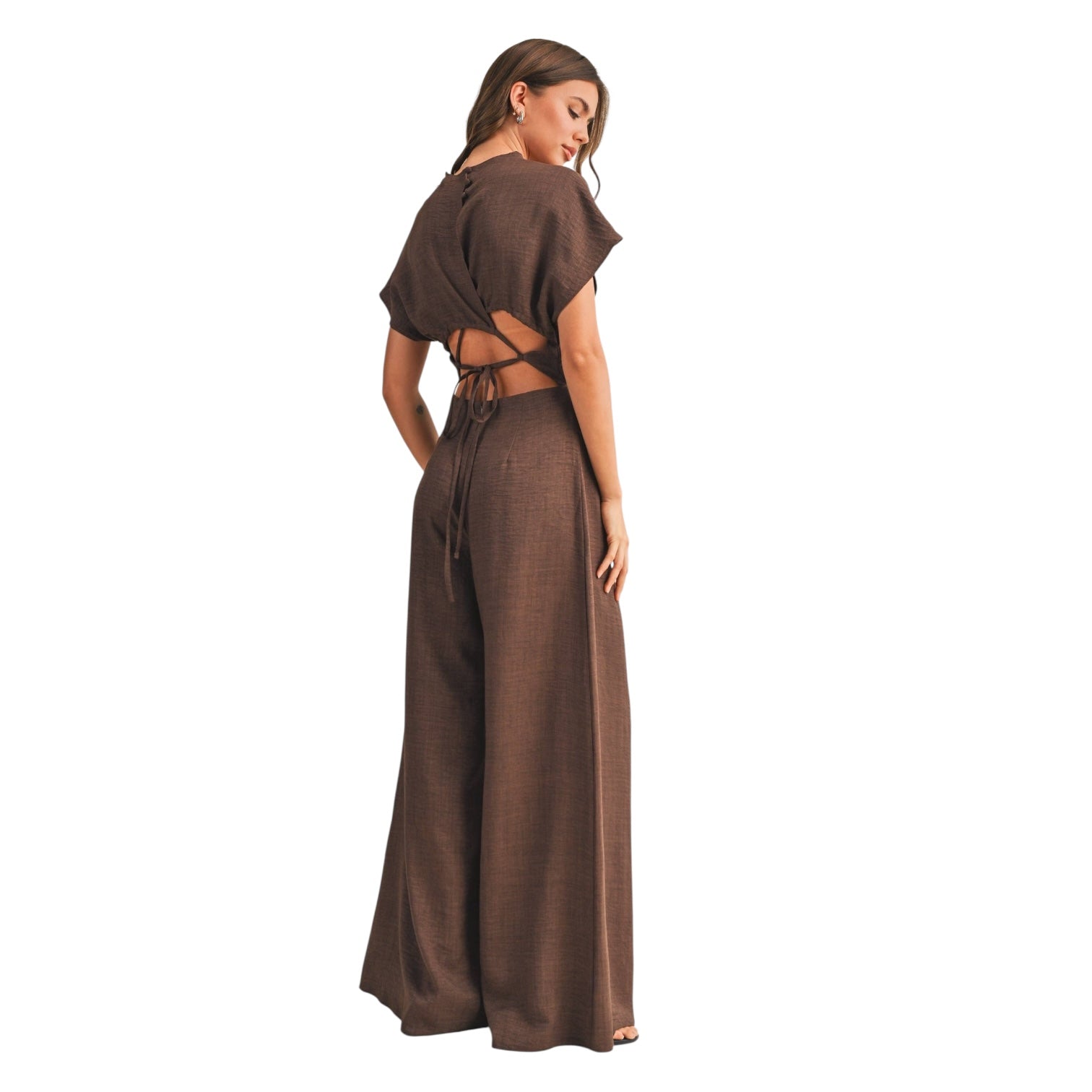 Mocha Muse Wide-Leg Jumpsuit – Brown Ruched One-Piece – Alicia
