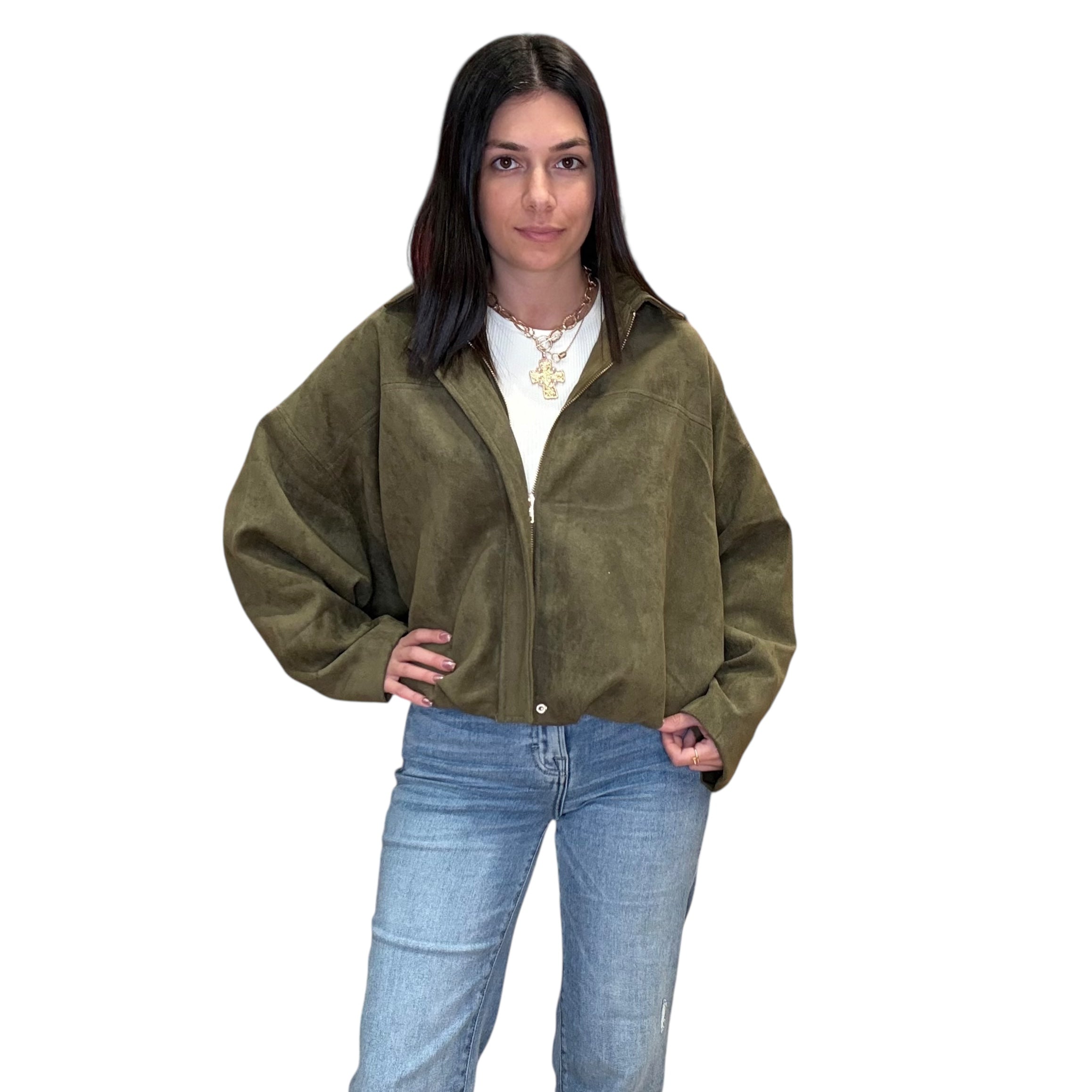 Olive Suede Bomber Jacket by Alicia DiMichele Boutique