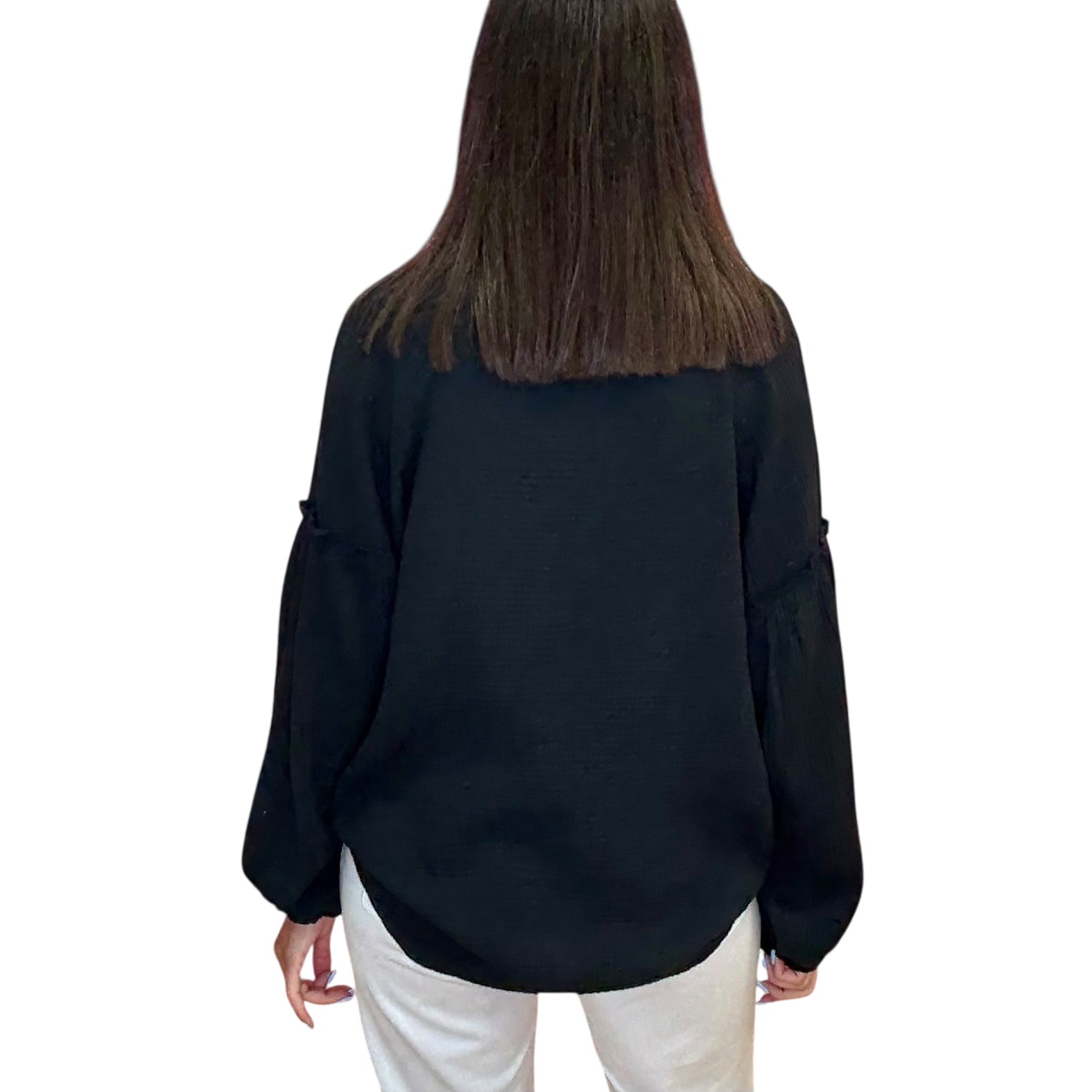 Gauze Long Sleeve Shirt – Black available at Alicia DiMichele Boutique – stylish women’s fashion and accessories.
