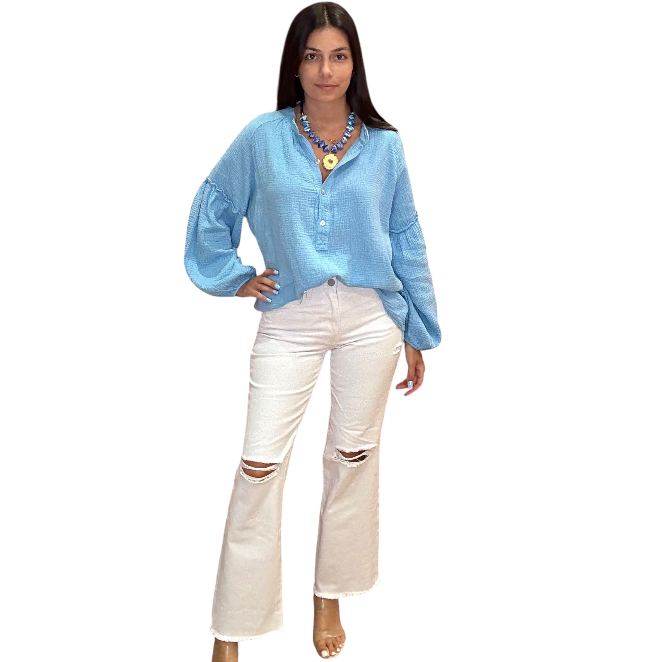 Gauze Long Sleeve Shirt – Blue available at Alicia DiMichele Boutique – stylish women’s fashion and accessories.